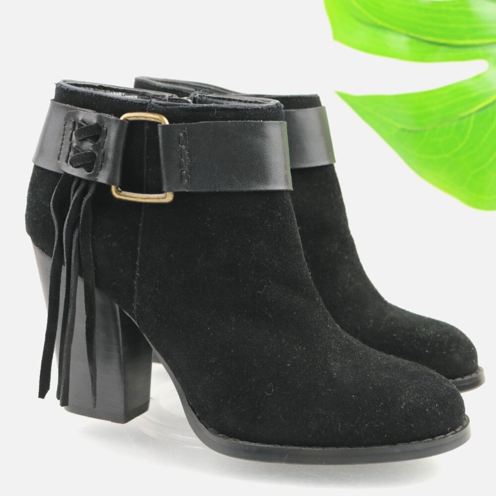 Kensie Womens‎ Massey Boots Size 7.5 Black Suede Leather Stap Block Heel Booties